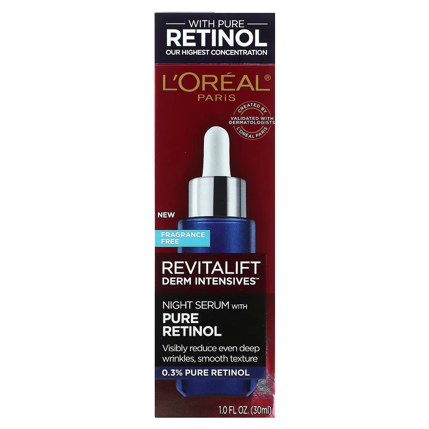 0.3% A醇 包順豐 美國 Loreal 歐萊雅 視黃醇精華乳 0.3% A醇夜間抗皺提亮膚色 30ml。REVITALIFT DERM INTENSIVES NIGHT SERUM WITH PURE RETINOL 0.3% PURE RETINOL L'OREAL