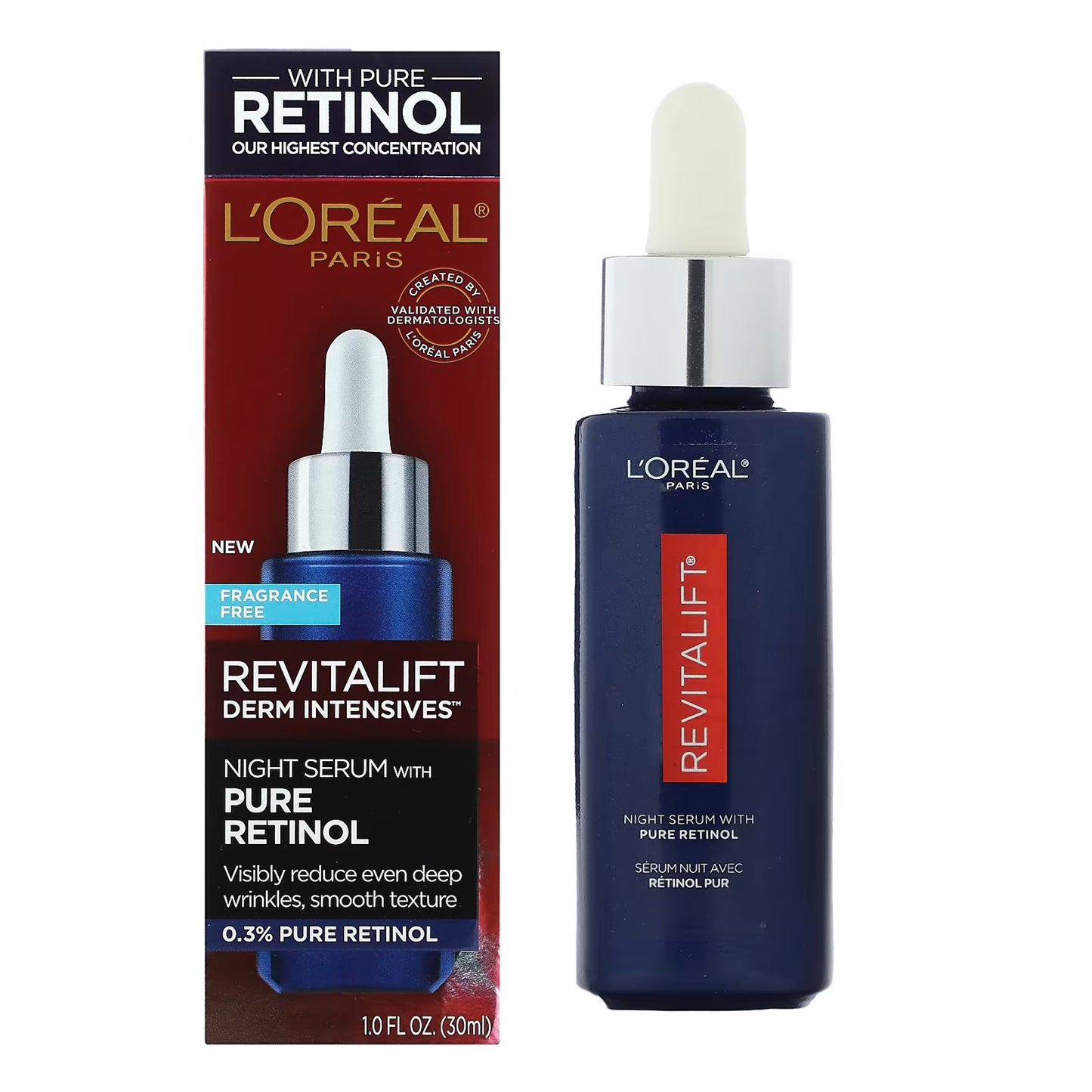 0.3% A醇 包順豐 美國 Loreal 歐萊雅 視黃醇精華乳 0.3% A醇夜間抗皺提亮膚色 30ml。REVITALIFT DERM INTENSIVES NIGHT SERUM WITH PURE RETINOL 0.3% PURE RETINOL L'OREAL